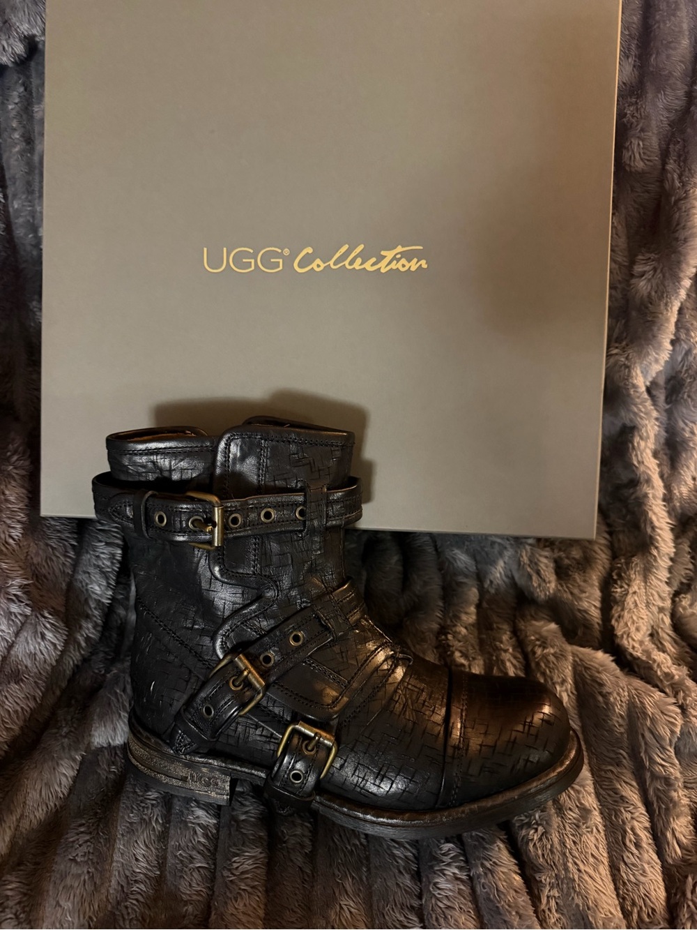 NWT UGG Collection Black Textured Leather Buckle Combat Boots